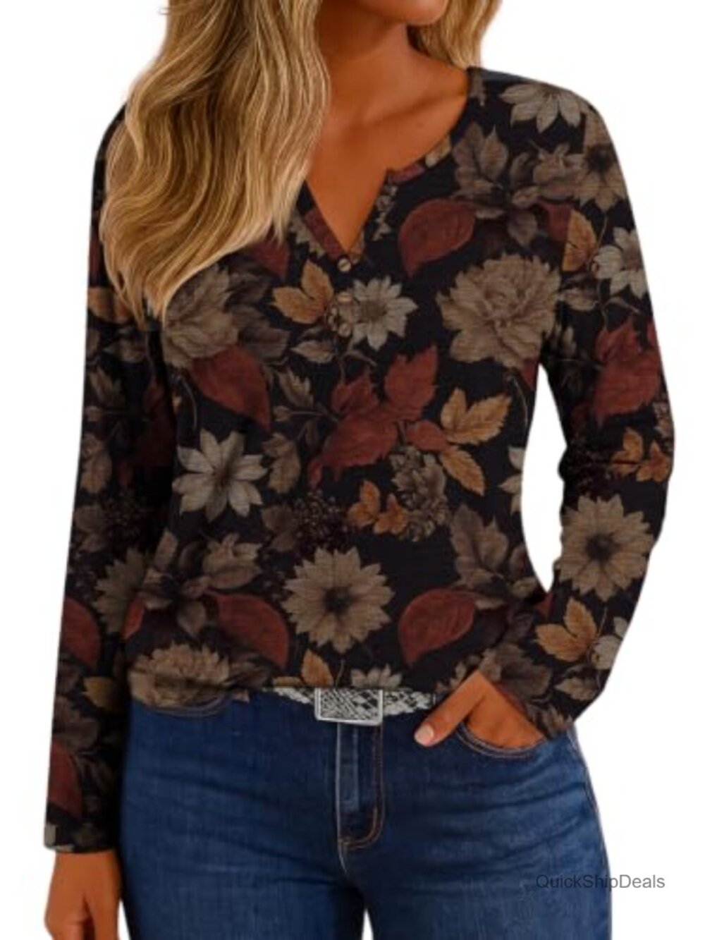 Western Aztec Long Sleeve Henley V-Neck Tunic Top Relaxed Fit Casual